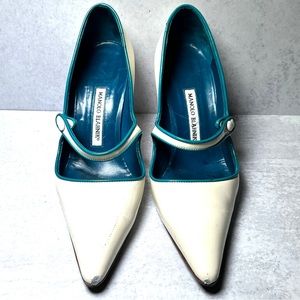 Manolo Blahnik Campari Mary Jane heels in white patent w blue detail